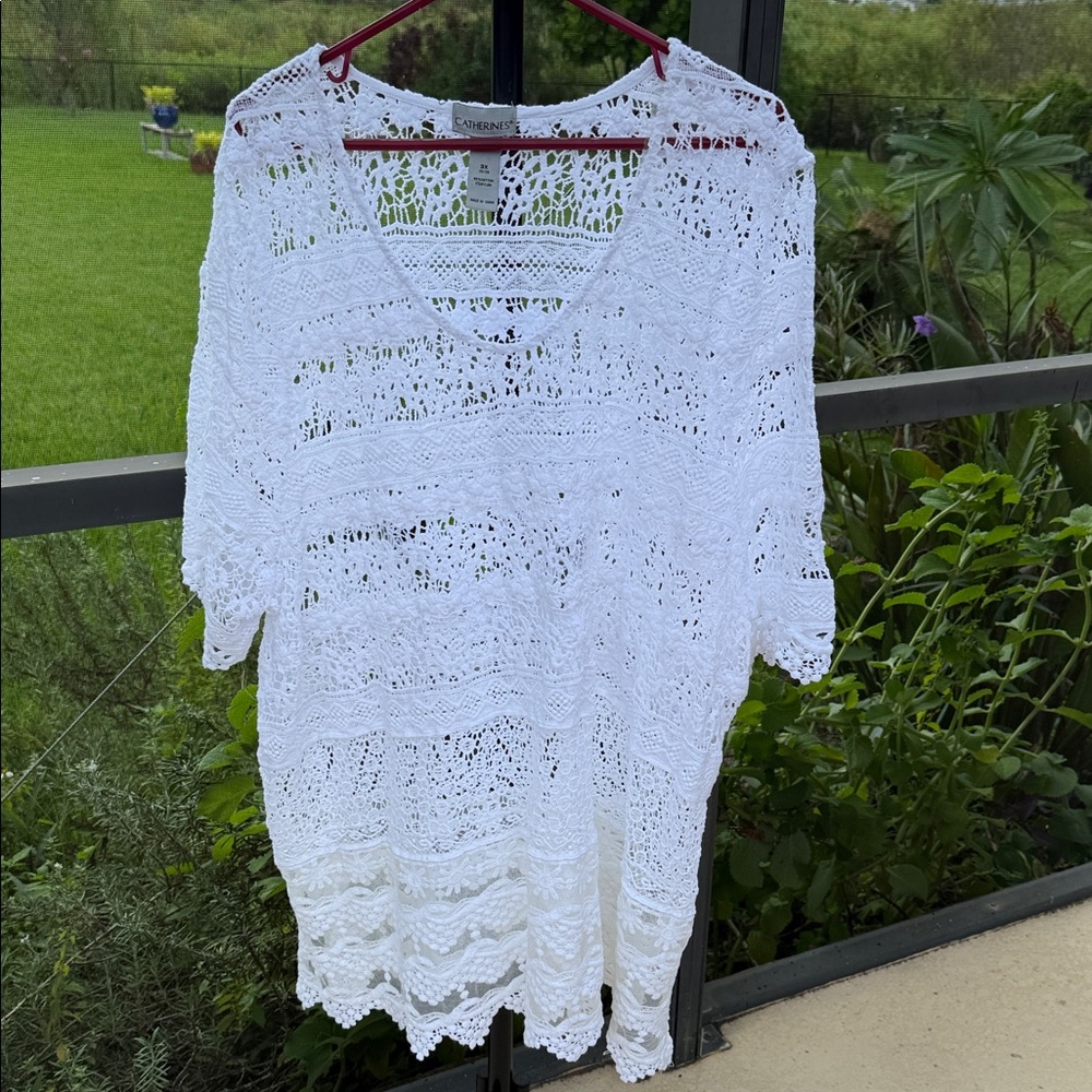 Catherine’s 3X cotton white lace & crochet swimsuit coverup